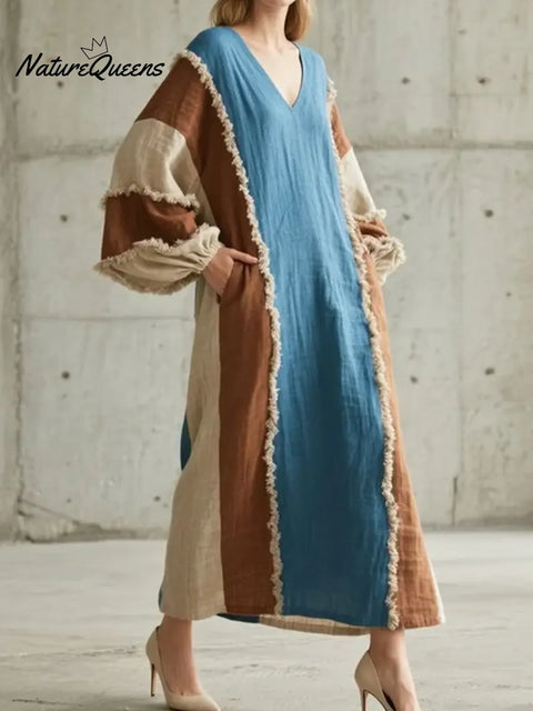 Women's Color-blocked V-neck Cotton Linen Dress