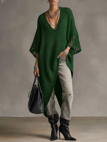 Women's Solid Color V-neck 3/4 Sleeve Casual Loose Knit Dress