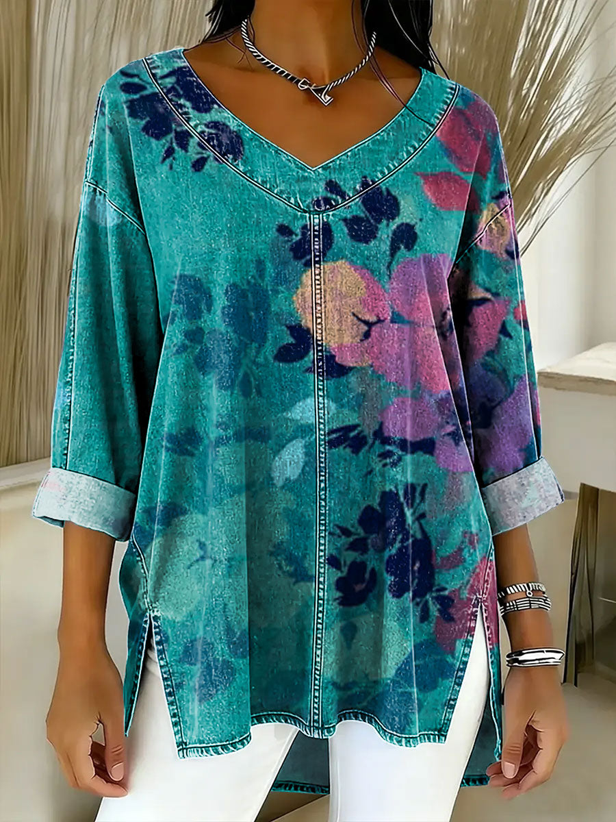 Women's Retro Gradient Flowers Floral Art Patterns Casual Washed Denim Cotton Top