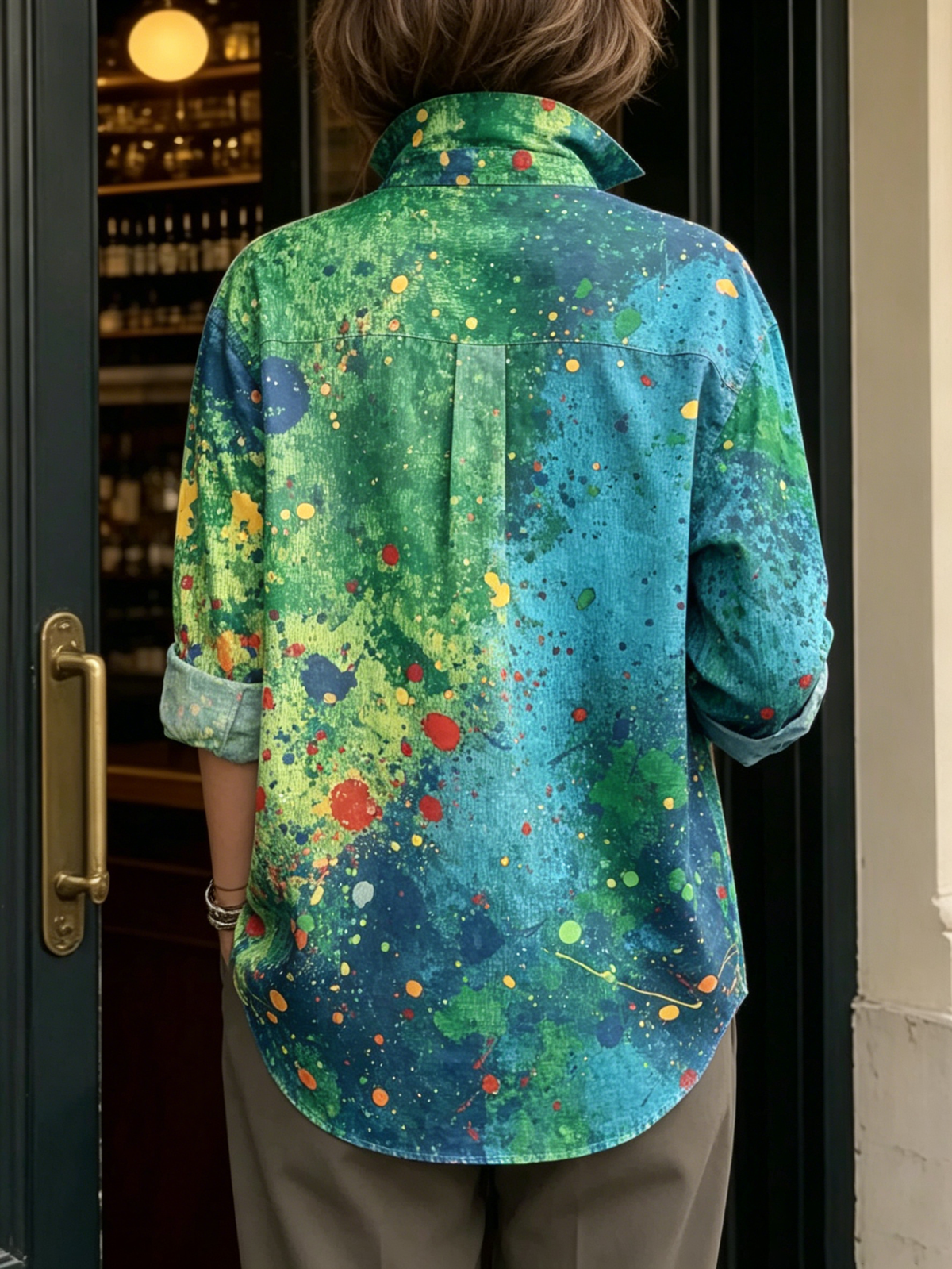 Artistic Watercolor Abstract Graffiti Print Metal-button Shirt