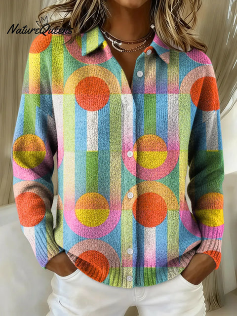 Women's Colorful Abstract Printed Collared Sweater
