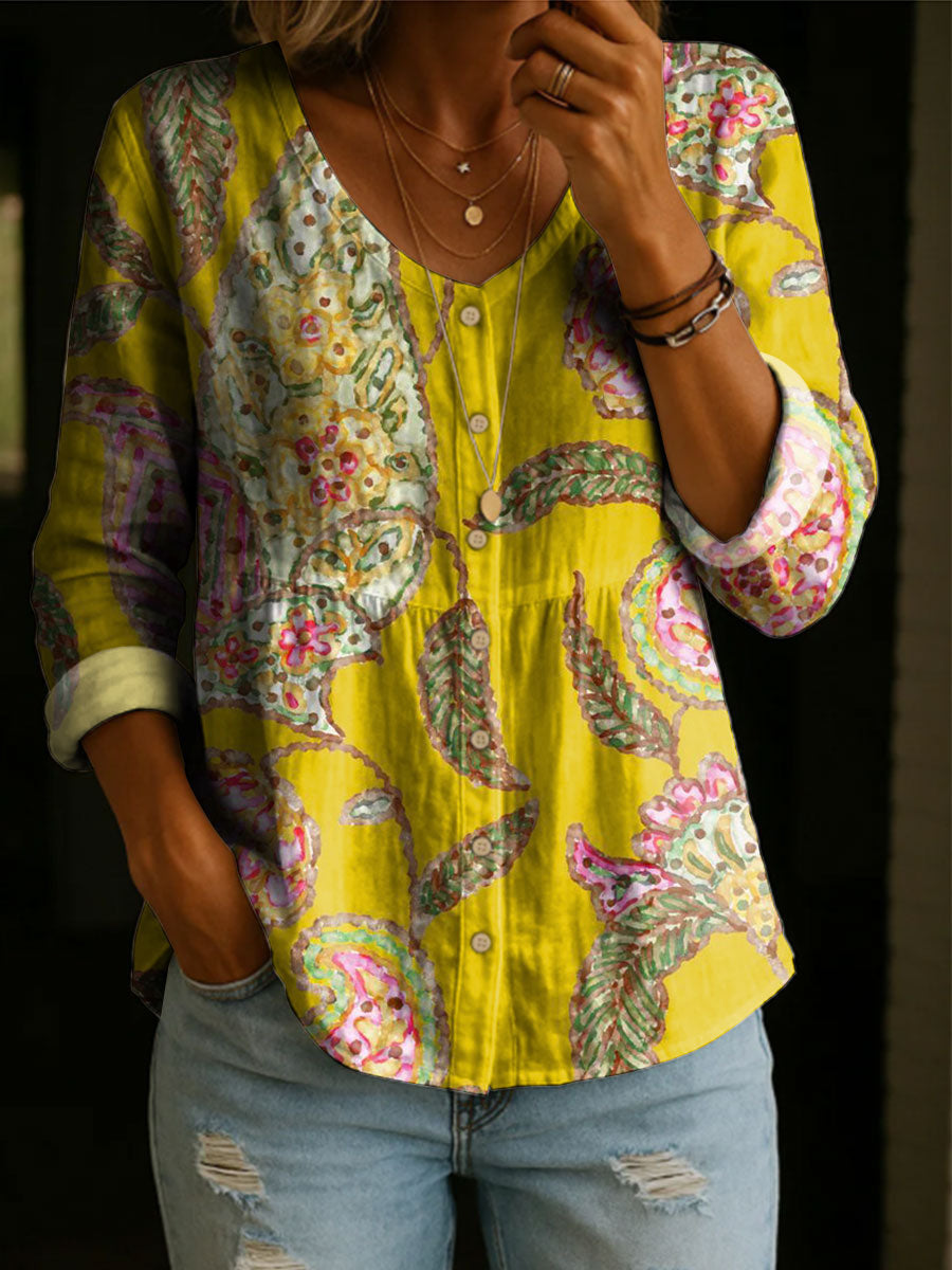 Women's Floral Pattern Art Print Casual Cotton Shirt