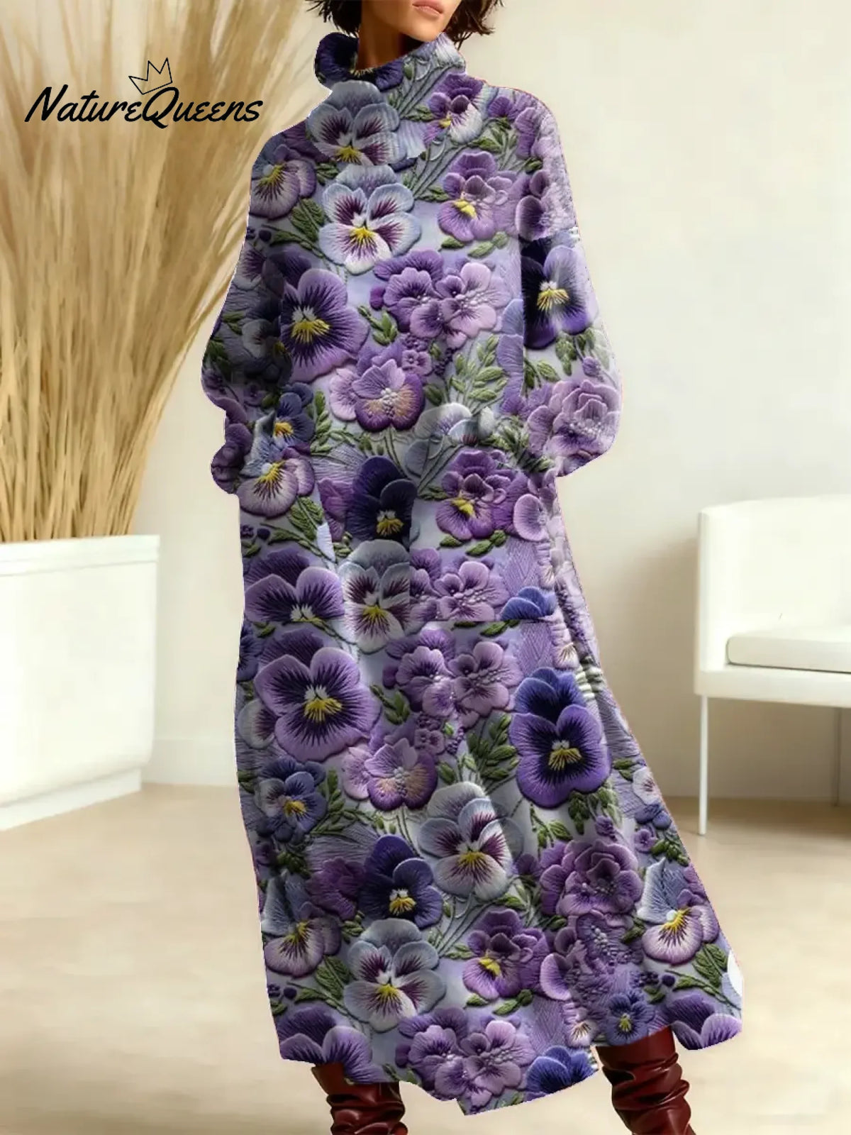 Women's Embroidered Flowers Art Print Casual Cotton Knitted Dress