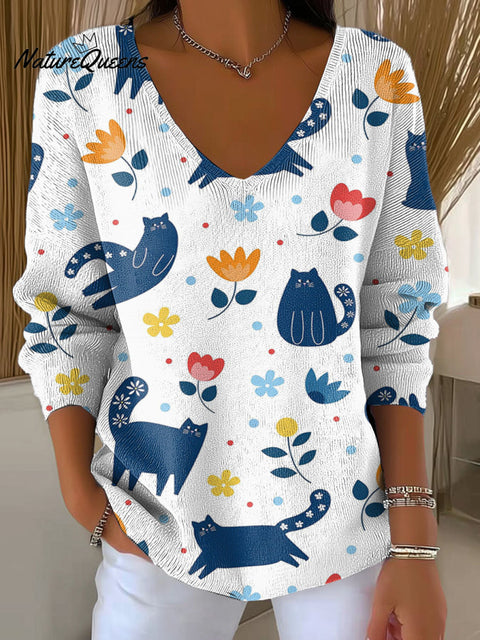 Cute Cat And Flower Decorative Patterns Women's Casual V Collar Long Sleeve Sweater
