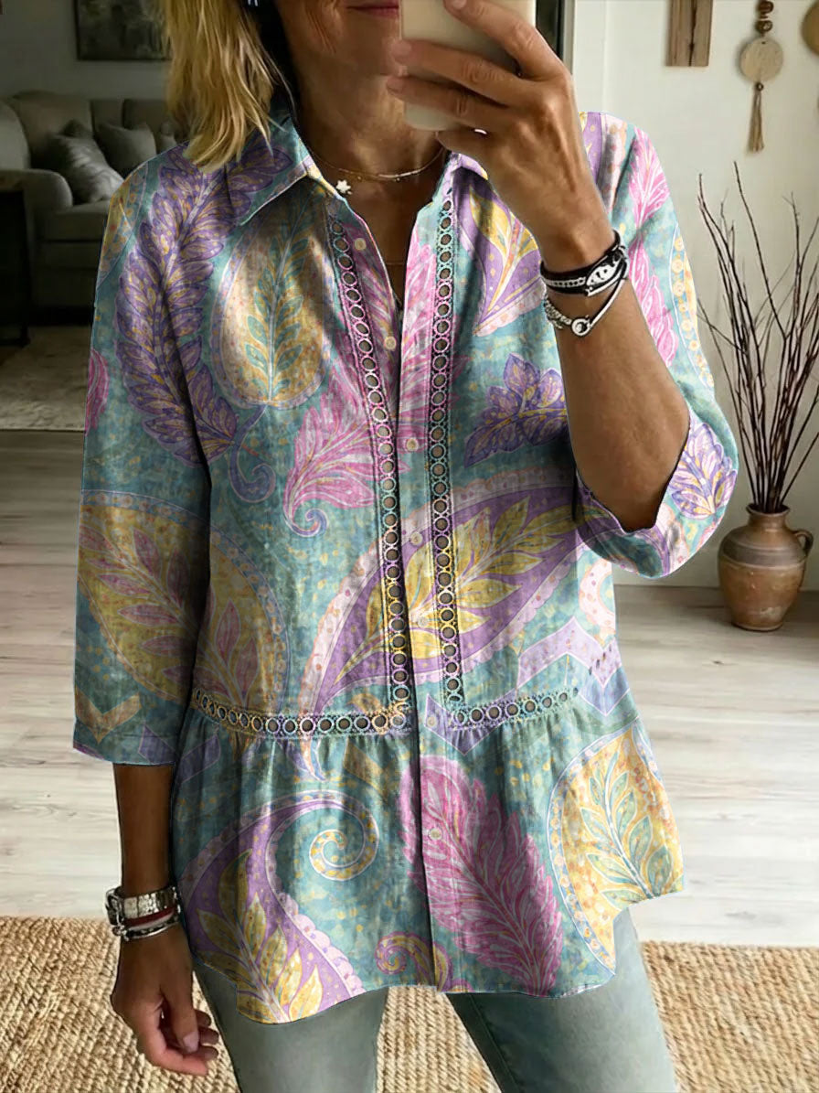 Floral Flowers Art Patterns Casual Patchwork Openwork Webbing Linen And Cotton Shirt