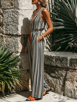 Women's Street-style Casual Striped V-neck Sleeveless Front-zip Jumpsuit