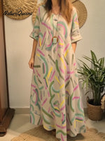 Artistic Colorful Brushstroke Print Loose Linen Dress