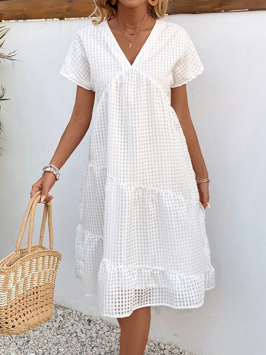 Women's Short-sleeved V-neck Hollow Mesh Dress