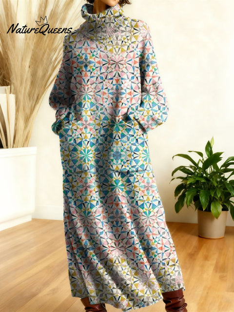 Women's Retro Floral Flowers High-neck Long-sleeve Casual Loose Knit Dress