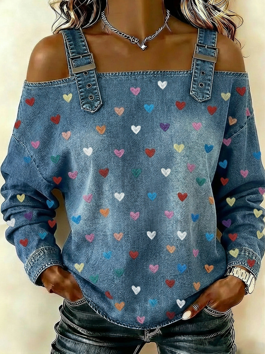 Women's Casual And Fashionable Denim Top With Heart Pattern