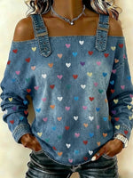 Women's Casual And Fashionable Denim Top With Heart Pattern