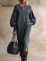 Women's Solid Color Cardigan Collar Long Sleeve Casual Loose Knit Dress