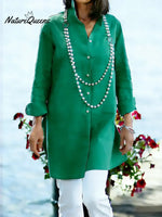 Women's Solid Color Lapel Long-sleeved Casual Loose Cotton And Linen Tunic Top