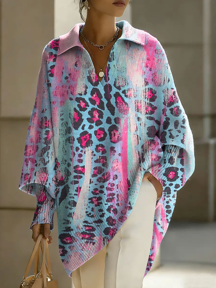 Women's Color Leopard Patterns V-neck Long-sleeved Casual Loose-fitting Knitted Pullover Sweater