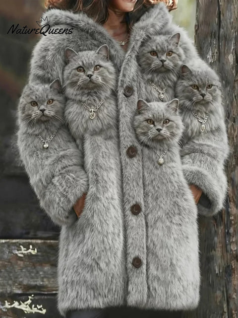 Women's Funny Cats Pattern Art Print Casual Fleece Coat