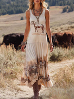 Women's Casual Loose-fit Cotton Dress — Sleeveless Crew Neck Placement Print