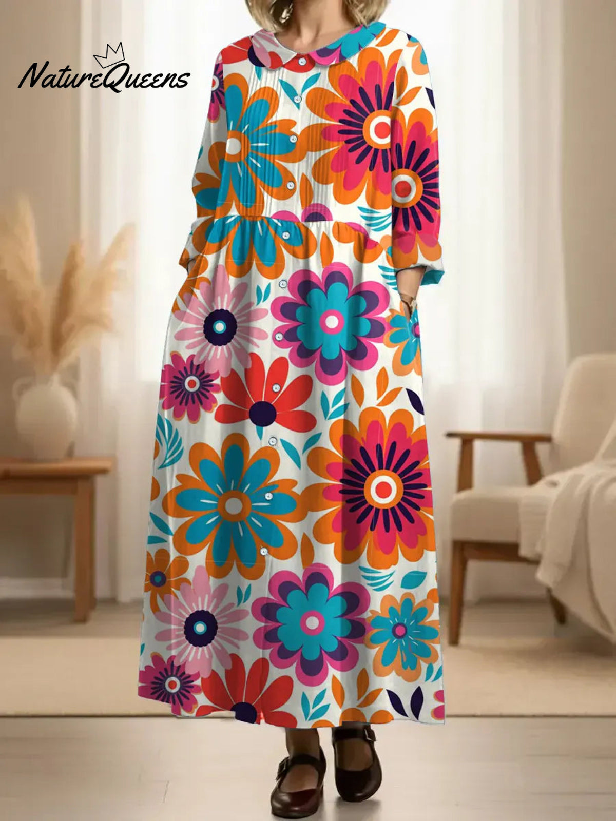 Women's Pleated RetroFloral Patterns Print Doll Collar Casual Long-sleeved Dress
