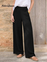 Women's Solid Color High-waisted Casual Loose Cotton And Linen Wide-leg Pants