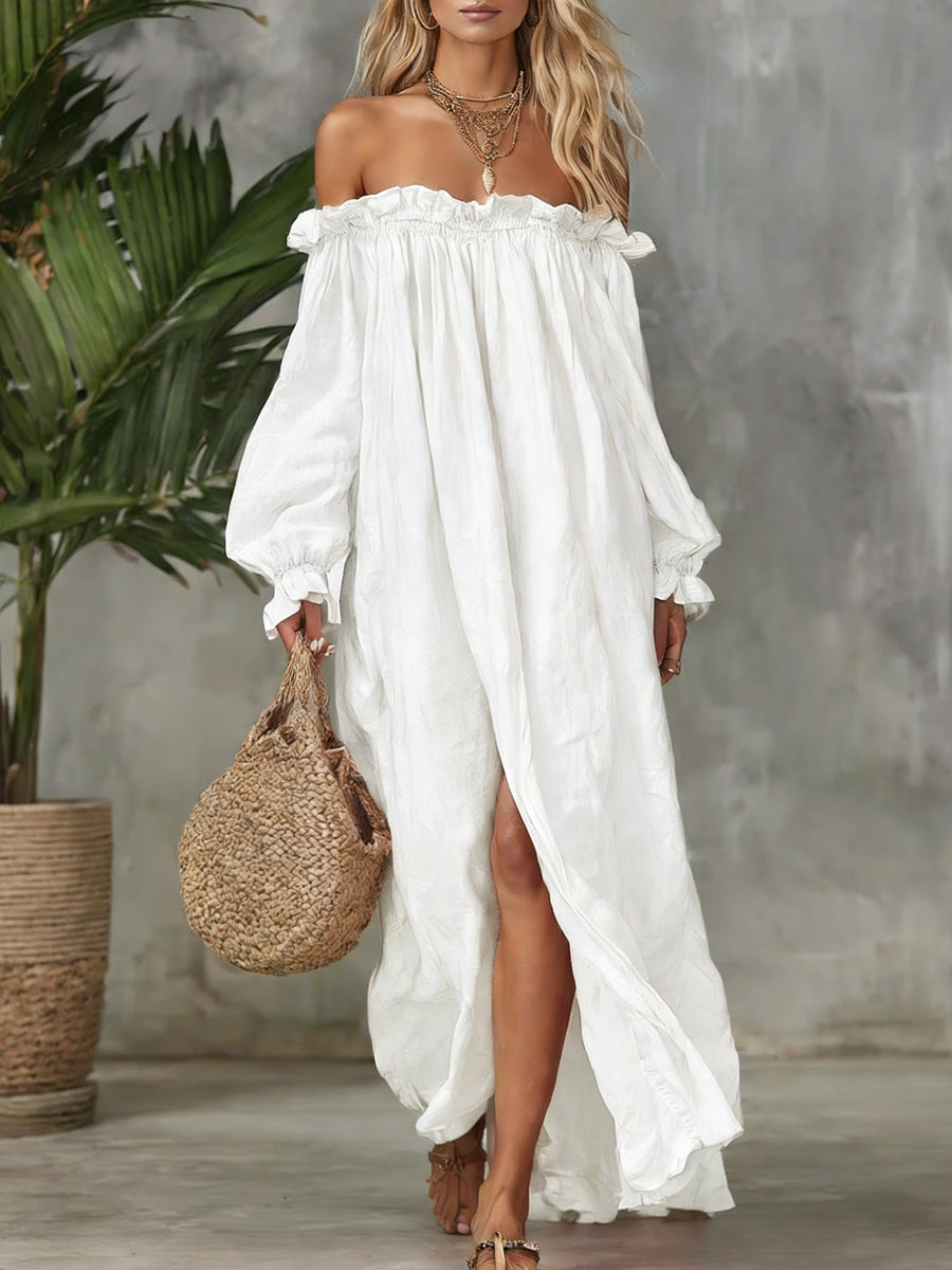 Women's Casual Comfortable Off-shoulder Cotton Linen Maxi Dress