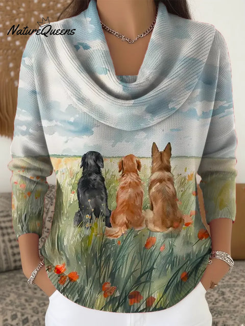 Women's Funny Dogs Pattern Art Print Casual Cowl Neck Sweater