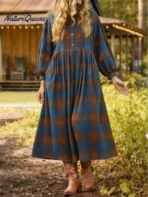 Women's Casual Plaid Cotton Linen Long-Sleeved Dress