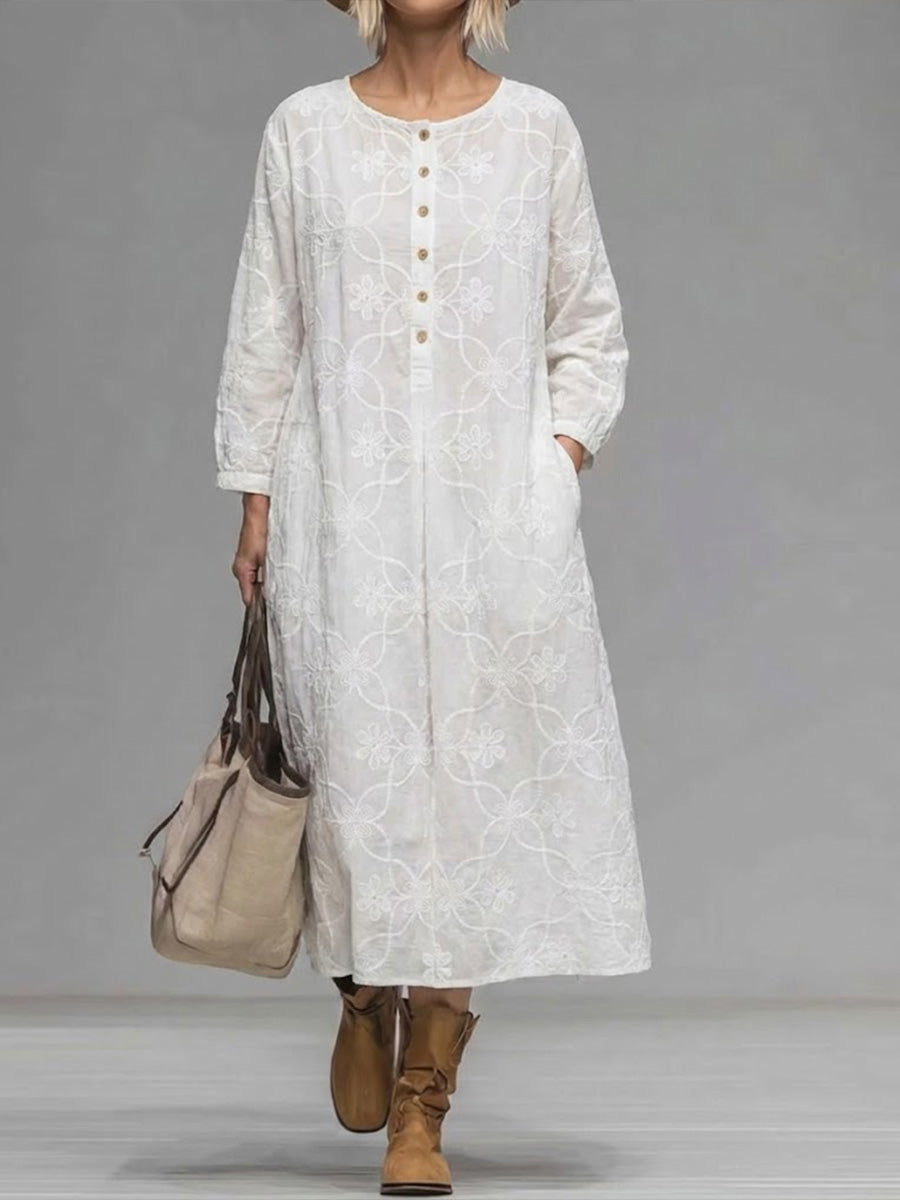 Women's Solid Color Round Neck Long-sleeved Casual Loose Cotton Embroidered Dress