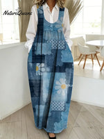 Women's Vintage Flower Pattern Art Print Casual Cotton Denim Dress