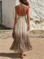 Gradient Leopard Print Halter Deep V Smocked Waist Ruffle Hem Midi Dress