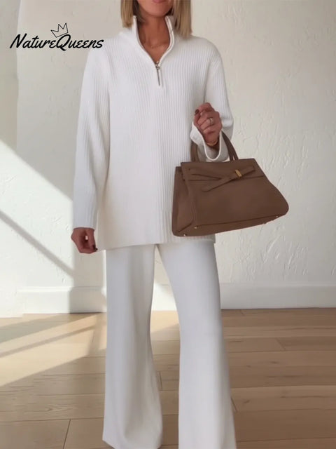 Cozy Travel Daily Zip-Up Knit Top and Pants Two-Piece Set
