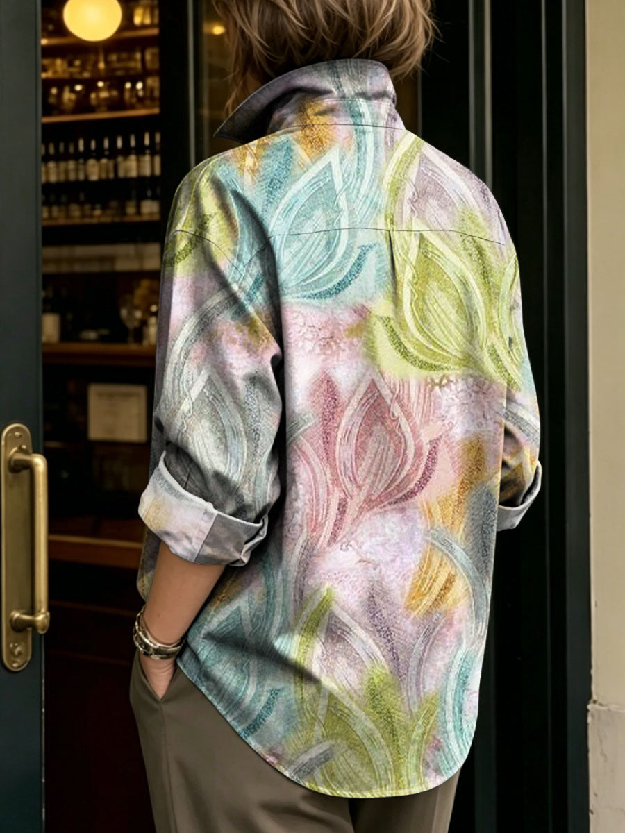 Women's Artistic Floral Print Metal-button Shirt