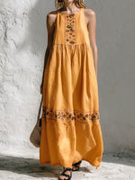 Women's Casual Loose Cotton-linen Dress — Crew Neck Sleeveless With Placement Print