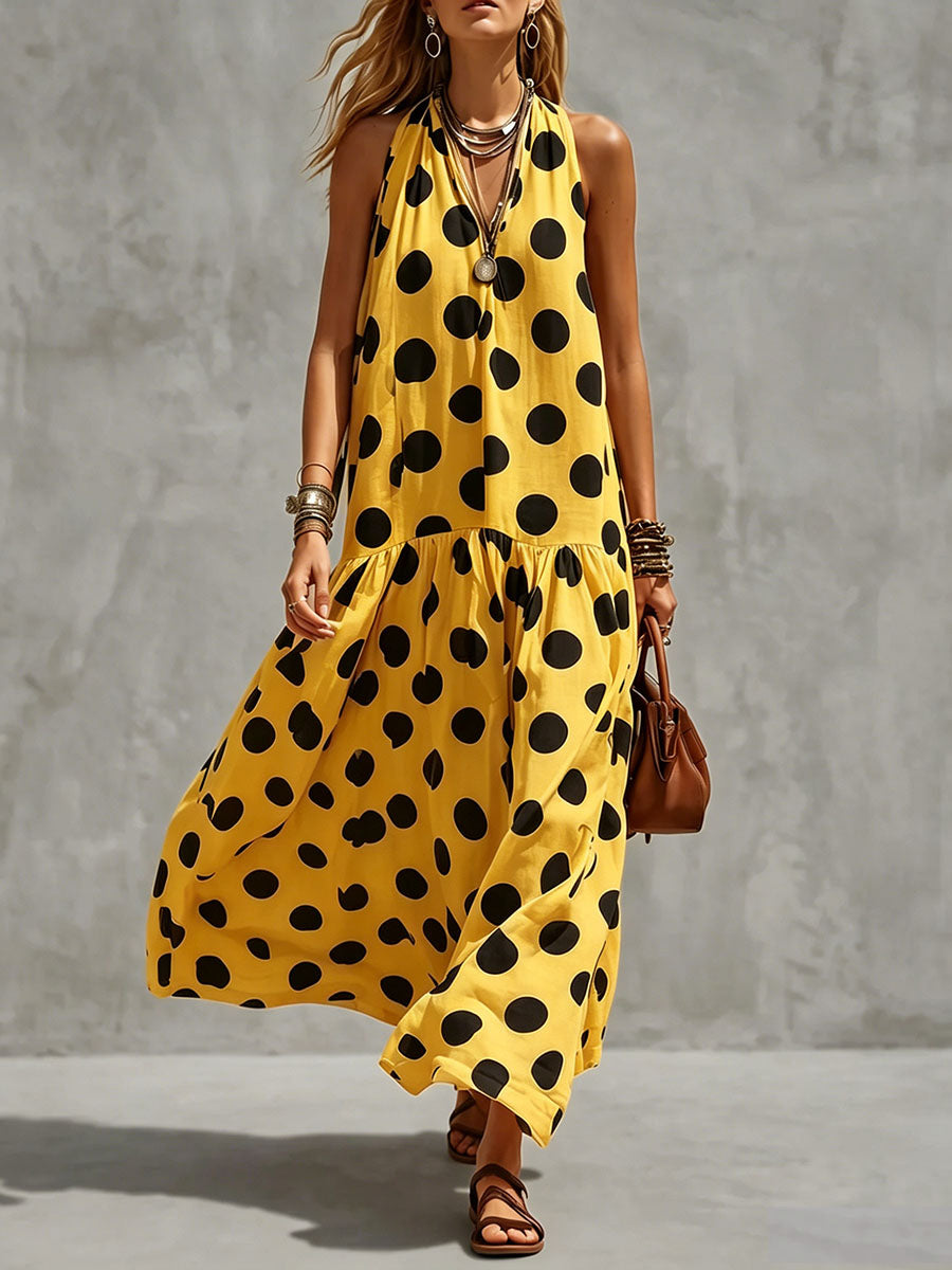 Women's Polka Dot Print V-neck Sleeveless Casual Loose Cotton-linen Dress