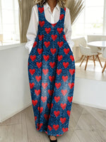 Women's Valentine's Day Heart Art Print Casual Loose Denim Vest Dress