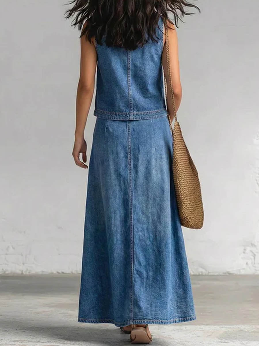 Women's Casual Denim Set: Loose-fit V-neck Sleeveless Top & High-waisted A-line Skirt