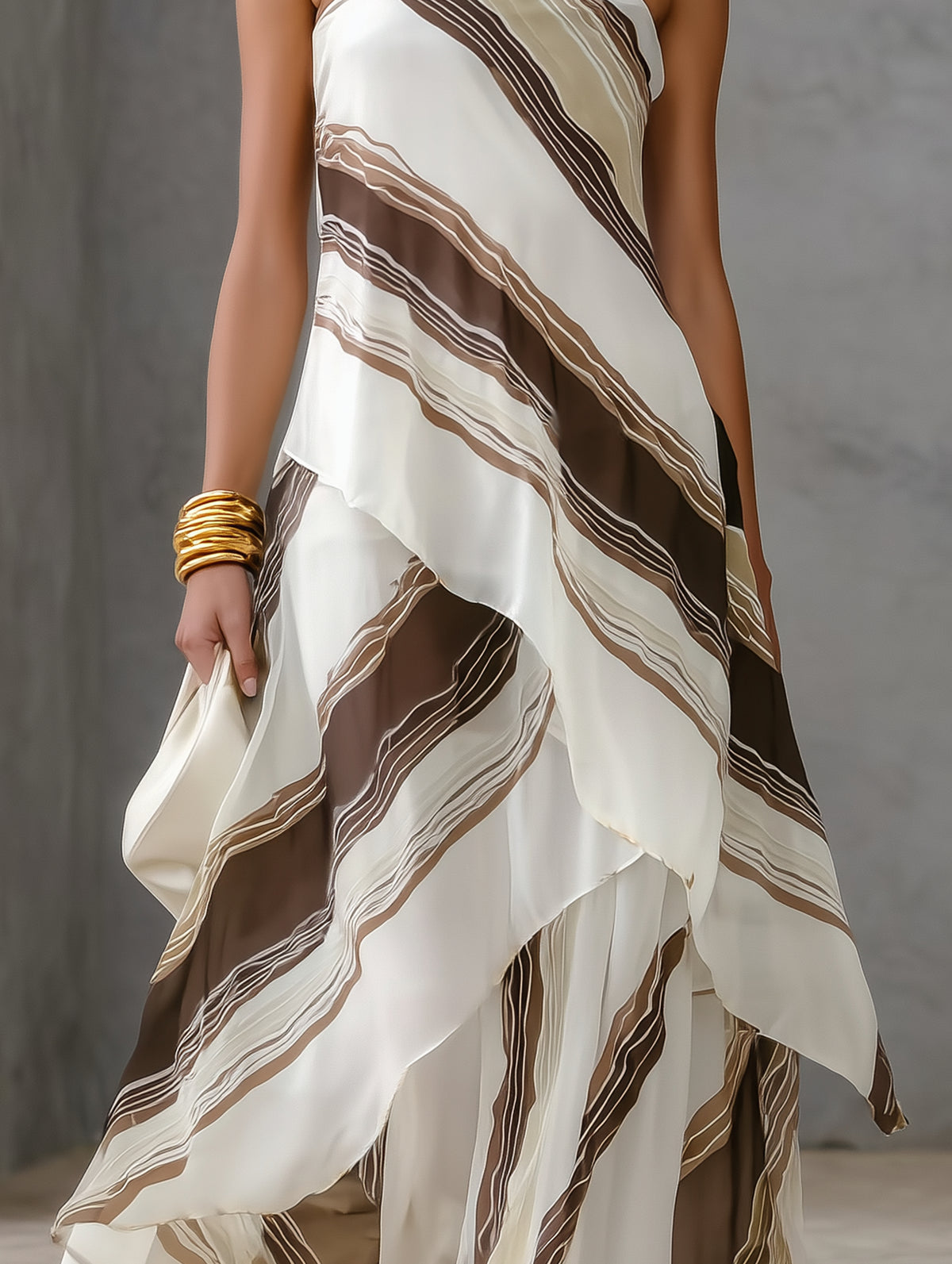 Abstract Striped Strapless Chiffon Maxi Dress