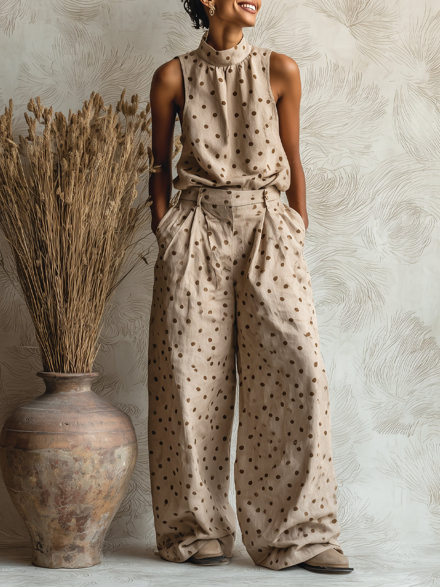 Polka-dot Stand-collar Sleeveless Top + Wide-leg Pants Set
