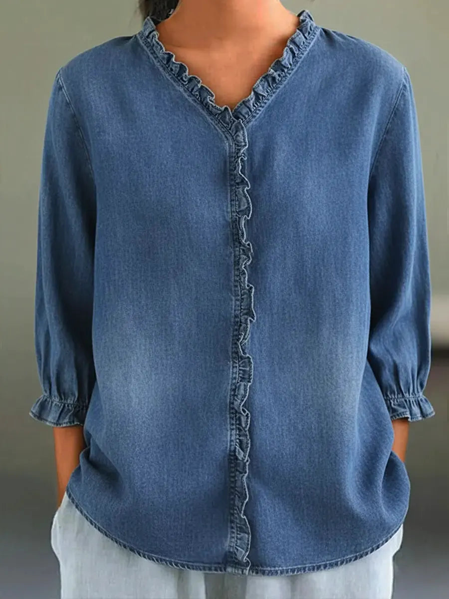 Women's Ruffled V-neck Denim Cotton Shirt