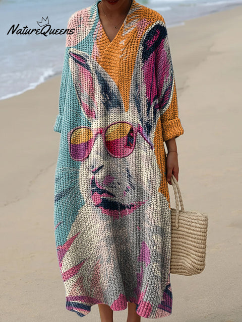 Rabbit Wearing Sunglasses Decorative Pattern Women's Casual V-collar Long Sleeve Dress