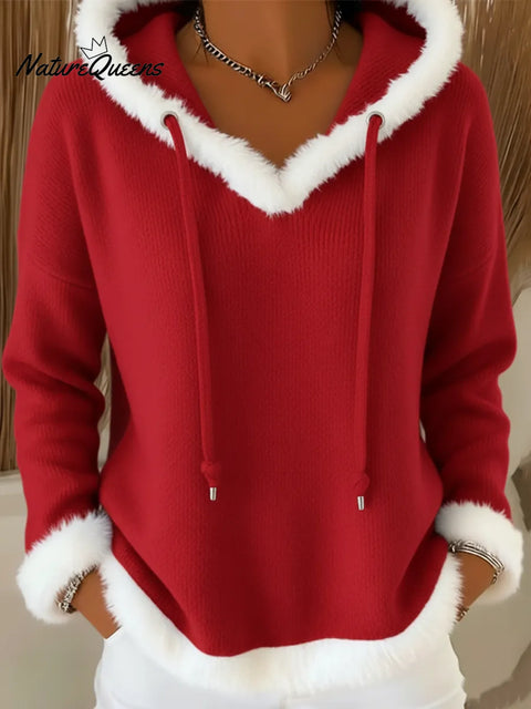 Casual Christmas Faux Rabbit Fur Trim Hooded Knit Top