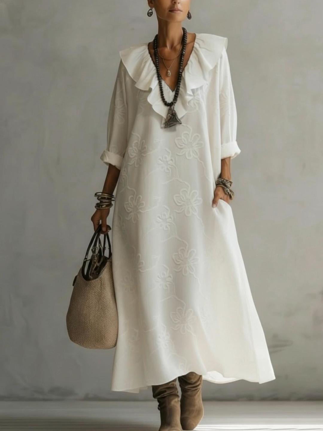 Elegant Ruffled Collar Floral Embroidery Dress