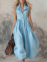 Women's Solid Color Lapel Sleeveless Casual Loose Cotton Dress