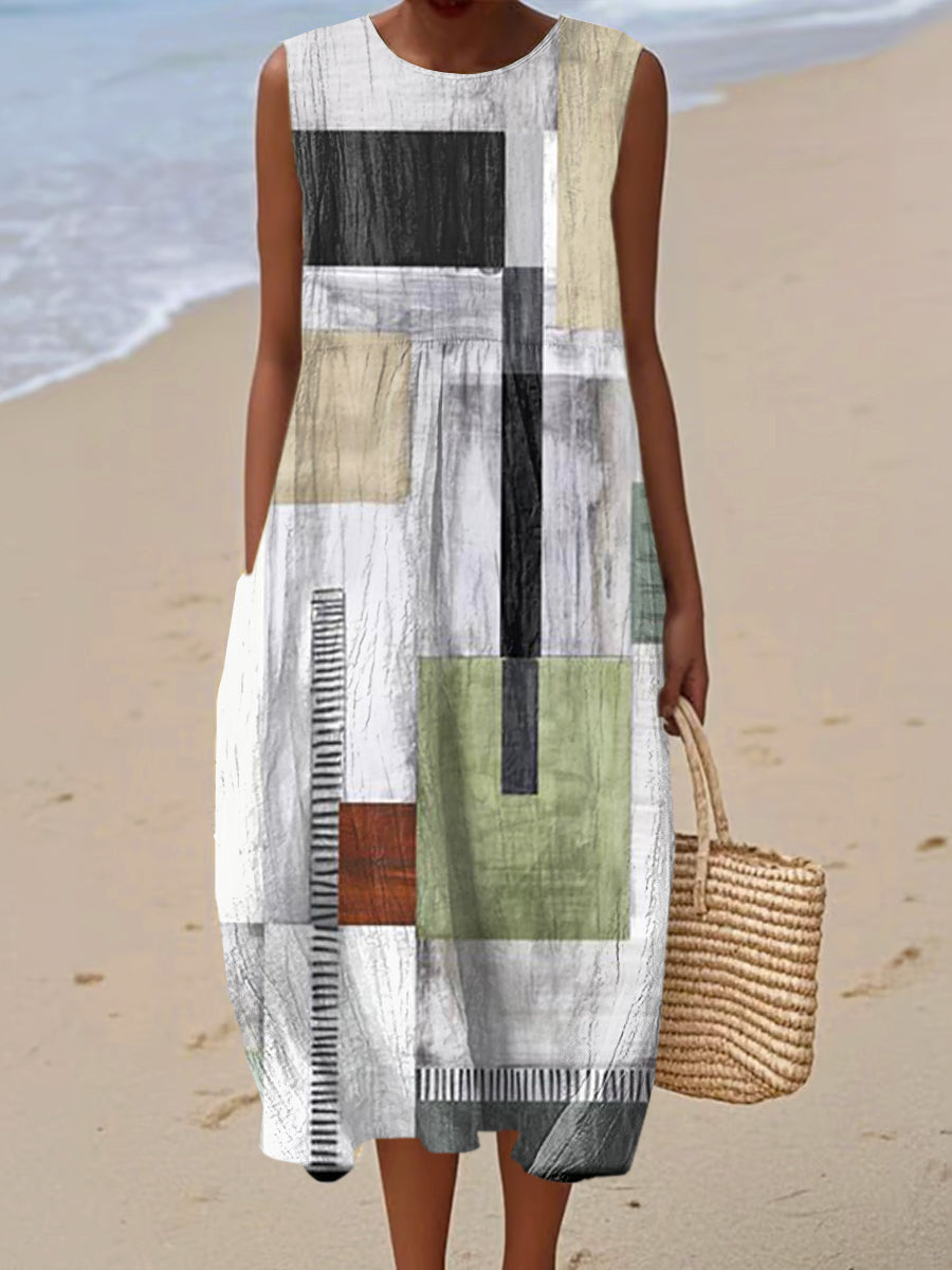 Women's Vintage Geometry Art Print Sleeveless Cotton Pocket Wrap Dress
