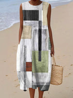 Women's Vintage Geometry Art Print Sleeveless Cotton Pocket Wrap Dress