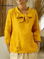 Women's Solid Color V-neck Bow Tie Three-quarter Sleeve Casual Loose Cotton Linen Top