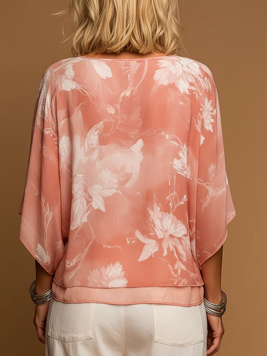 Women's Vintage-print V-neck 3/4-sleeve Casual Loose Chiffon Top