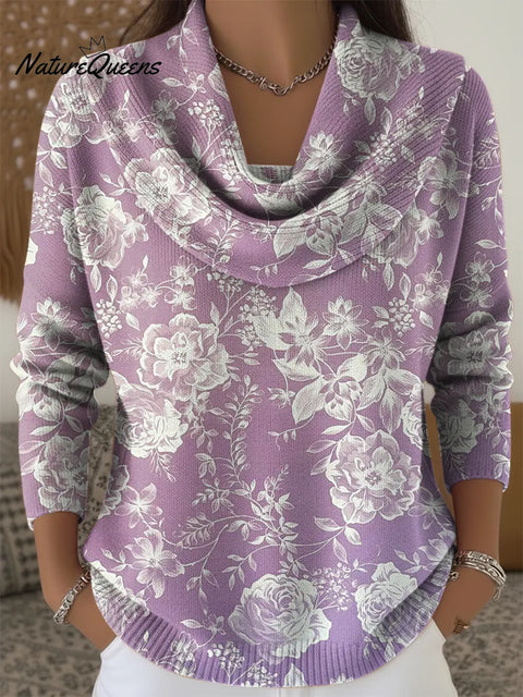 Women's Purple Flower Art Print Cowl Neck Sweater