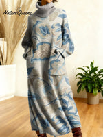 Women's Retro Flowers Geometric Patchwork High-neck Long-sleeve Casual Loose Knit Dress