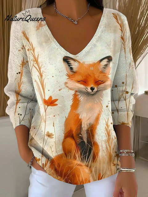 Women's Funny Fox Pattern Art Print Casual V-Neck Sweater