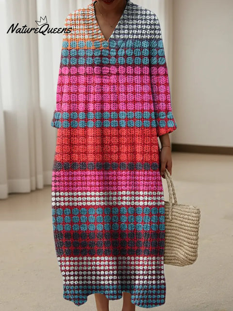 Colorful Art Dots Pattern Print Knitted V-neck Dress