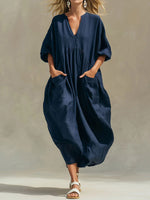 Women's Solid Color V-neck 3/4 Sleeve Casual Loose Cotton And Linen Dress